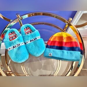 ALDI Blue Faux Fur Slippers & Retro Striped Beanie